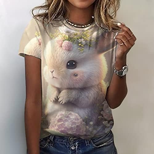 Велигденски кошули за жени смешни слатки зајаци печатени врвови кратки ракави против кошула за вратот со џебови