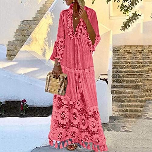 Зефотим летни фустани за жени 2023 година со долг ракав Флорал против вратот макси фустан обичен моден плажа фустани