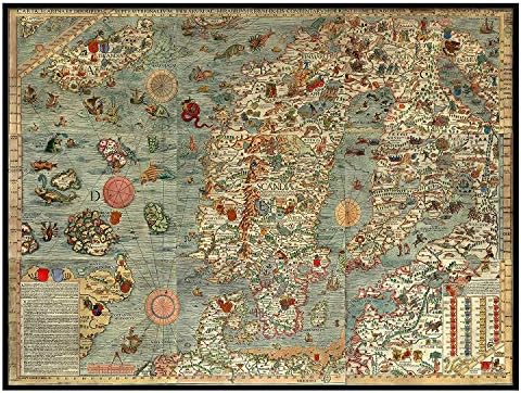 Морска мапа на Скандинавија од Олаус Магнус во 1527-39 година. Карта Марина. Шведска, Данска, Норвешка, Исланд и Финска. Антички