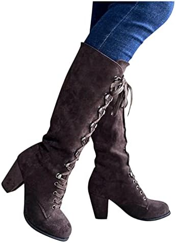 Женски колено високи чизми ретро велур тексас необични чевли Чунки борбен багажник со ниски потпетици плус големина чипка на тела за теле.