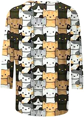 Женски долги 3/4 ракави врвни мачки графички блузи маички со екипаж салон слатко животно лето есен на топ 2023 облека PW