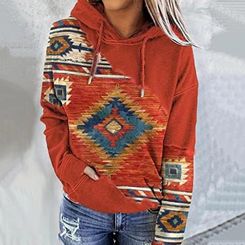 Женски дуксери гроздобер етнички стил печатени врвови на пулвер, лабави џемпери со качулка со качулка со џебови од кенгур