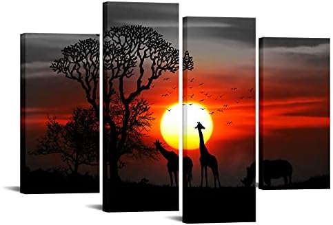 Velvarts 4 парче животински wallидни уметнички жирафи на зајдисонце слика на платно печати модерно црно -бело црвено сликарство за фарма куќа домашна дневна соба декор в?