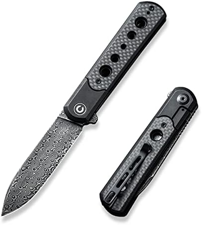 Civivi Banneret Преклопување на џебниот нож, 3,48 инчи Дамаск Блејд Твил јаглеродни влакна Влез на реверзибилниот џеб клип, ЕДЦ нож за комунални