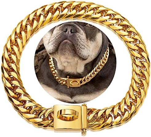 Јака од кучиња златен ланец 16мм 18к златен кубански линк јака за кучиња со безбедна метална кучиња ланец на кучиња метална јака за мал питбул