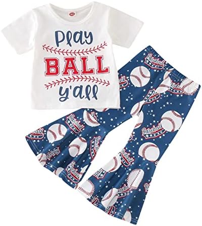 Вереинен Пош Подарок Сет Мали Девојчиња Бејзбол Со Кратки Ракави Печатени Маици Пуловер Врвови Ѕвончиња Панталони