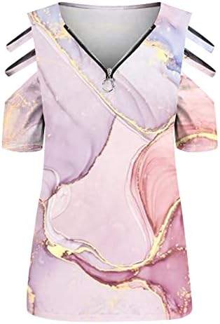 Плус големина на врвови за жени V-вратот Половина патент до ладно рамо цветни врвови летни обични кратки ракави лабави збирки блузи