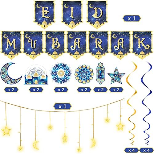 26 парчиња украси за украси на Рамазан вклучуваат LED Ramadan Lights Moon Star Fairy Light Light Mubarak Banner Mubarak Hanking Swills Ramadan