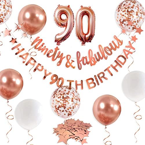 Роуз Злато Деведесет &засилувач; Прекрасен Среќен 90-Ти Роденден Банер Венец Фолија Балон 90 за Жени 90-Ти Роденден Украси Виси