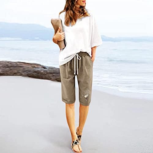 Бермуда шорцеви за жени колено должина на коленото лето лето високо половината со шорцеви со џебови со џебови, буги удобни салони