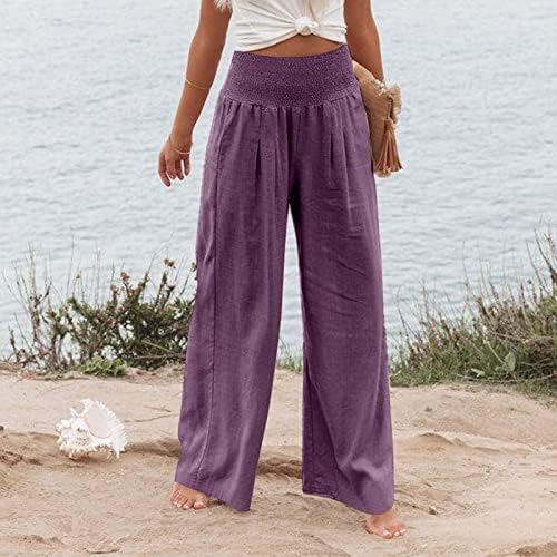 Панталони за жени iaqnaOCC, удобни памучни постелнини широки нозе високи панталони на плажа со џебови