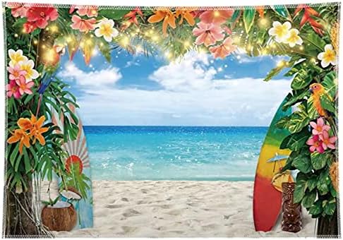 8x6ft Ткаенина Лето Хавајски Плажа Позадина Небото Океан Тропски Цвет Палма Лисја Сурфање Даска Фотографија Позадина Алоха Партија Материјали