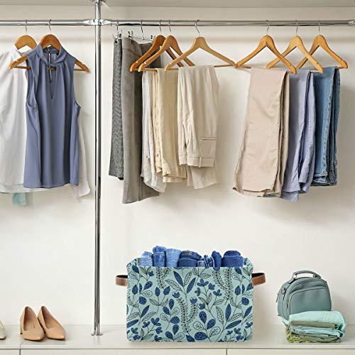 Правоаголна корпа за складирање сина цветна платно ткаенина со рачки - кутии за расадници за платно за крпи, играчки, облека,
