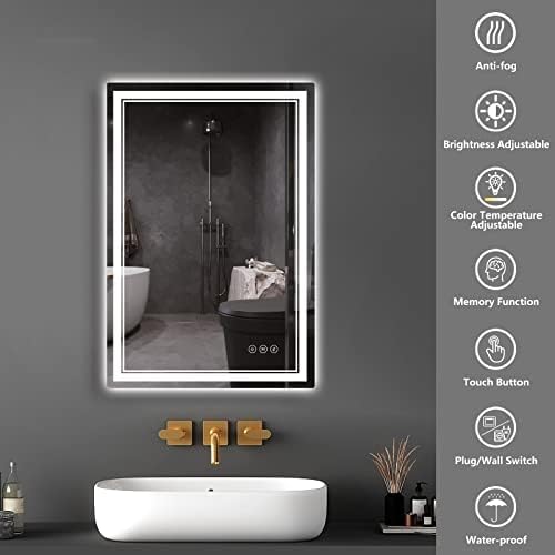 HIYOWAY LED Vanity Mirror 20x28 Огледало за Бања со Светла, Затемнето Паметно Огледало за Бања Со Отпорна На Кршење, Анти-Магла, Мемориска Функција