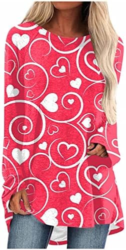 Врвовите за жени сакаат срцеви печатени маици, обични долги ракави, екипаж на екипаж Туника Туника Ден на в Valentубените блуза