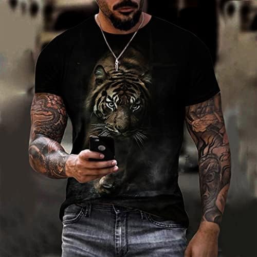 Менски маички со маички 3Д животински принт модни кратки ракави за кругови на врвови плус големина обични големи и високи маици