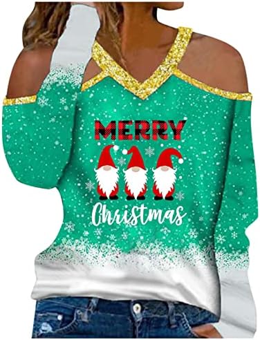 Божиќни секси врвови за жени кои се случајни секси секси секси V-вратот Божиќно печатење со долги ракави блуза, пулвер кошула од симпатична