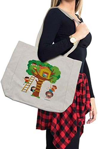 Торба за купување на цртани филмови Амбесон, весели момчиња и девојче кои играат во куќа на дрвја среќни пријатели, еколошка