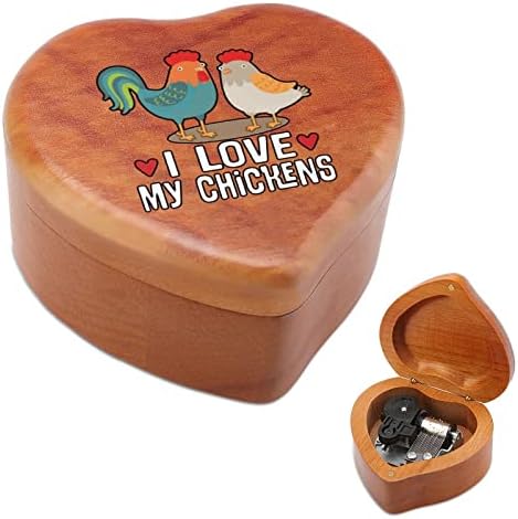 Јас ги сакам моите кокошки дрвена музичка кутија ветровито во облик на срцеви музички кутии случај за роденден на годишнината од в Valentубените