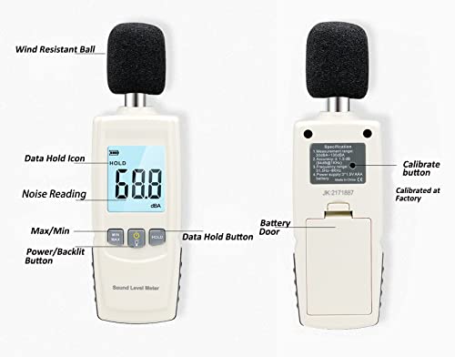 Читател на ниво на звук на мерач на децибела 30-130dB Дигитален мерач на звук на звук со голем LCD дисплеј LCD, калибриран тестер за звук на