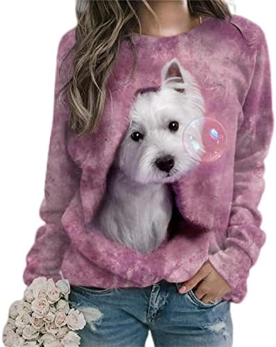 TS со долги ракави кучиња екипаж џемпери за жени 3Д симпатични обични пуловер трендовски врвови модни кошули за пролетно лето 2023 година