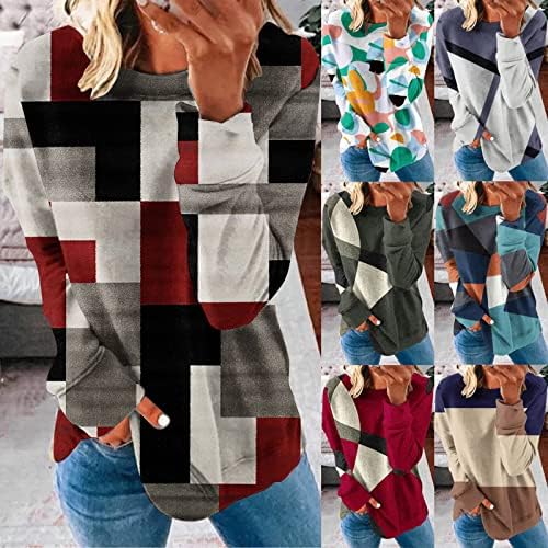 Женски обичен екипаж со долги ракави џемпер мода во боја блок пуловер геометриски графички врвови паѓаат трендовски облека