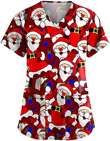 Божиќни Кошули За Жени Пуловер Со Краток Ракав Униформа Божиќни Печатени Џебови Блуза Туника Врвови