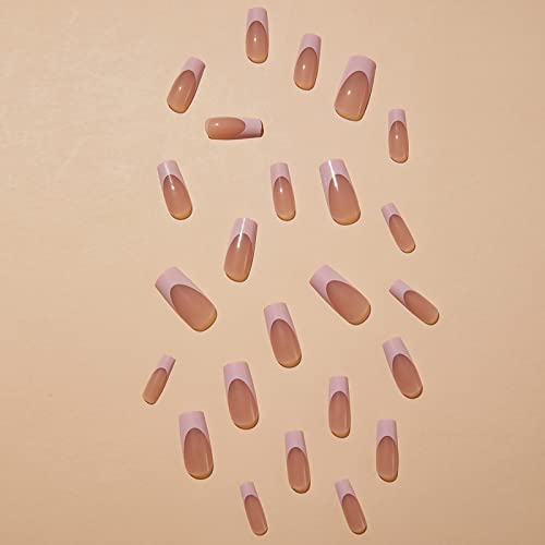 Пинк Прес на нокти Француски врв Среден лажен нокти квадратни облик акрилни нокти целосен капак вештачки нокти со дизајн розови врвови на