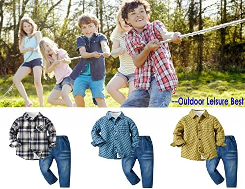 Raroauf Baby & Little Boys Plaid копче надолу со кошули +Бела врвна кошула +Jeanан панталони, 3 месеци-6 години