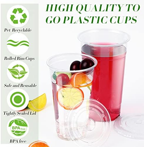 [100 сет] Кристално чисти пластични чаши со капаци за еднократна употреба Пластика за ладен пијалок со ладен пијалок со затрупан капак