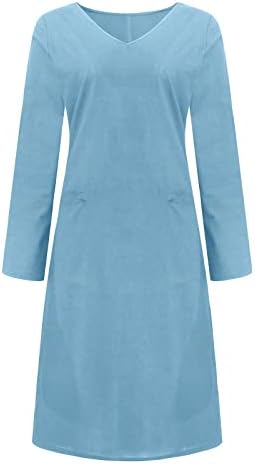Fragarn Letterенски летен случај на обична цврста боја со долга ракав со долга ракав V-вратот за зашивање лабава џебна памучна постелнина фустан