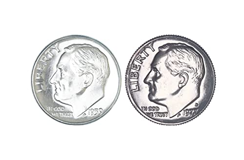 1959 D & 1977 D Roosevelt Dime 10C Bank Bank Gem Ретки извонредни детали албум ограничен американски 2 монети сет 90% сребро брилијантен