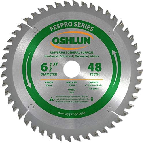 Oshlun SBFT-065048 6-1/2 48 Заби Fespro Crosscut ATB Saw Blad со 20 mm Arbor за Dewalt DWS520 & Makita SP6000