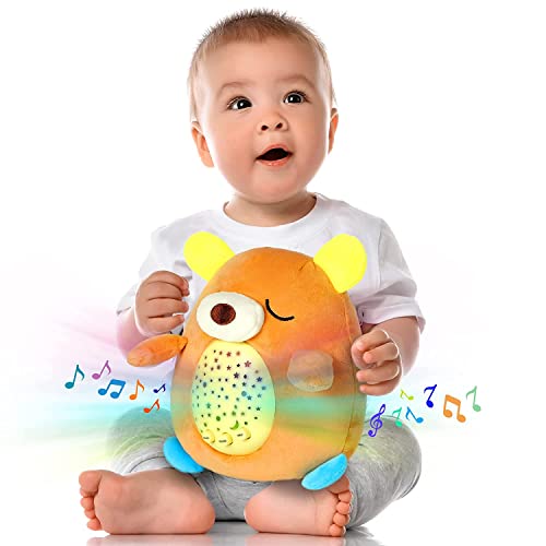 Бебе Сутер полнето животно ноќно светло со машина за звук - бебешка креветчето со музика и светла - бебешки сон, полнето животинско светло - бебето од бебиња и стомак