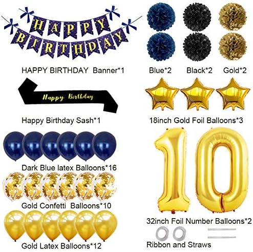 Јуџијасамо Украси За Забави ЗА 10-Ти Роденден-Среќен Роденден Банер Златен Број 10-ТИ Балони Среќен роденден Појас Латекс И Конфети Балони Совршени