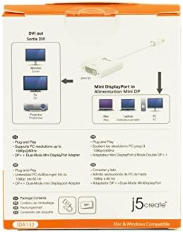 J5Create Mini Display Port до DVI адаптер- Поддржува резолуции до 1920 x 1200/1080p @ 60 Hz | Големина на џеб, бела | Компатибилен со