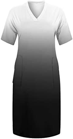 Плус големина маичка фустан за жени преголеми v вратот краток ракав фустан со туника со џебови, бујни летни фустани миди фустан