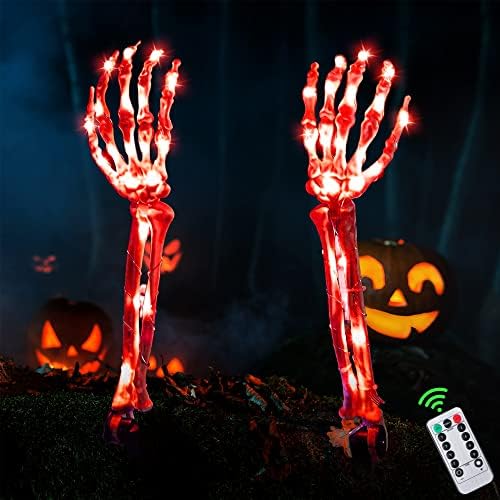 Светла за раце на вештерките Скелети светла на отворено украси, осветлени раце за Ноќта на вештерките со 60 LED црвени светла, водоотпорна
