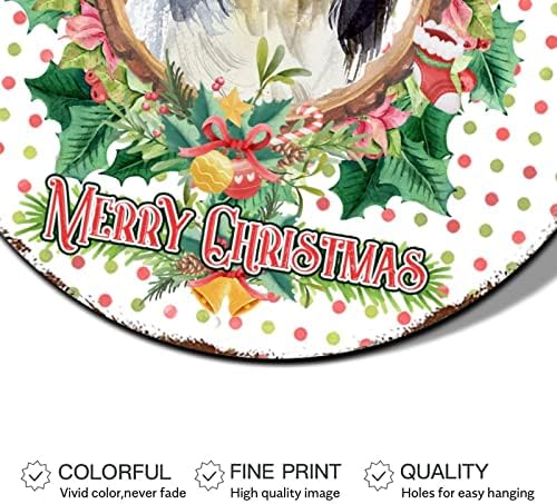 Божиќно тркало знак за кучиња во цветен венец, метален калај знак во затворен божиќен wallид украси Рустикален метален венец знак за домашна