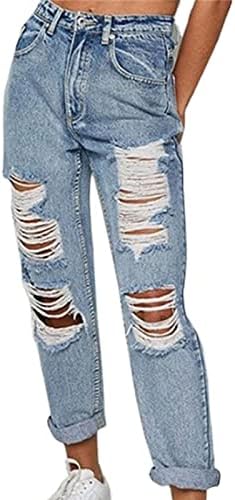 Womenенски фармерки со маифу-ГJ, искинати фармерки со високи половини, потресени тенки фитни панталони, слаби уништени џин со дупка