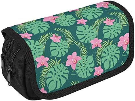 Тропски палма хибискус молив случај со две големи прегради џеб голем капацитет торбичка торбичка за молив за училишни тинејџери возрасни