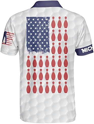 Персонализирани кошули за куглање на американско знаме за мажи, обичајно име горда патриотска американска знаме за куглање Поло кошула за