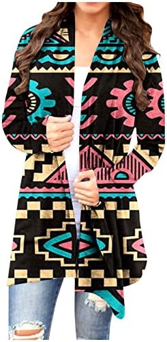 Лесен кардиган за женски џемпер од етнички стил Ацтек, графички зимски палта со долги ракави отворена предна надворешна облека