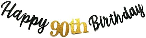 MEDIMQC Црна Среќен 90 Ти Роденден Знаме Злато Сјајот 90 Години Роденден Декорации Материјали Годишнината Прослава Позадина