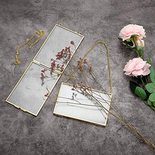 Seturn Set од 2 месинг wallид виси фото рамка, златно стакло што виси слики со уметнички дела, рамка за приказ, двојно стакло лебдечка