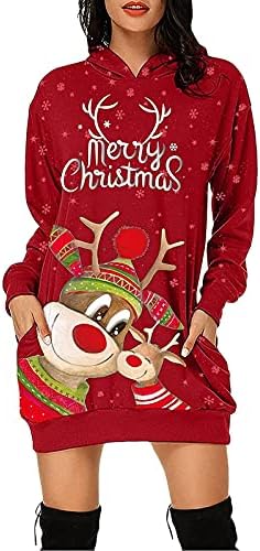Среќни божиќни фустани за туники за жени грда Божиќна ирваси од снегулка, графички дуксери, облечени со џеб