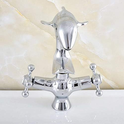Полиран хромирано месинг вртливиот двојник на вкрстени рачки со слатки животински делфин стил бања кујна мијалник миксер миксер чешма