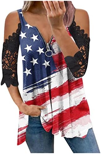 Americanенски американски знаме со лента со шарени чипка ладно рамо маици 4-ти јули Ден на независност лабави графички кошули