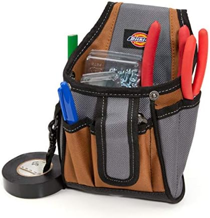 Технолошка торбичка со платно од 7 џебови со врзана лента, челичен клип со универзално вклопување и јамка за тунел за појас на алатки