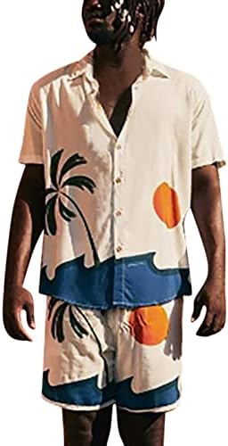 Мода кратка јака надолу на мажите на плажа Машки печатени обични шорцеви костуми на ракав хавајски вртење мажи мажи шарени костуми